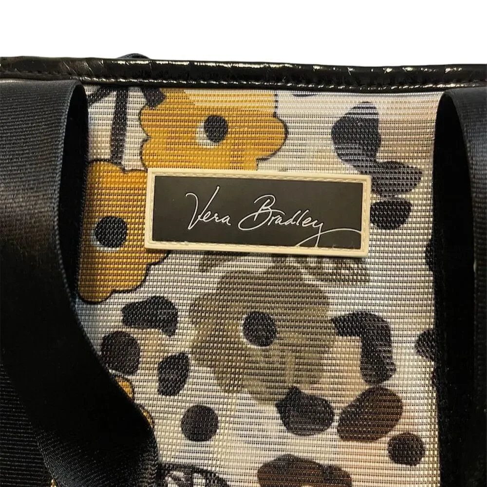 Vera Bradley Go Wild Mesh Tote Bag Floral Zip Pocket Black White Yellow